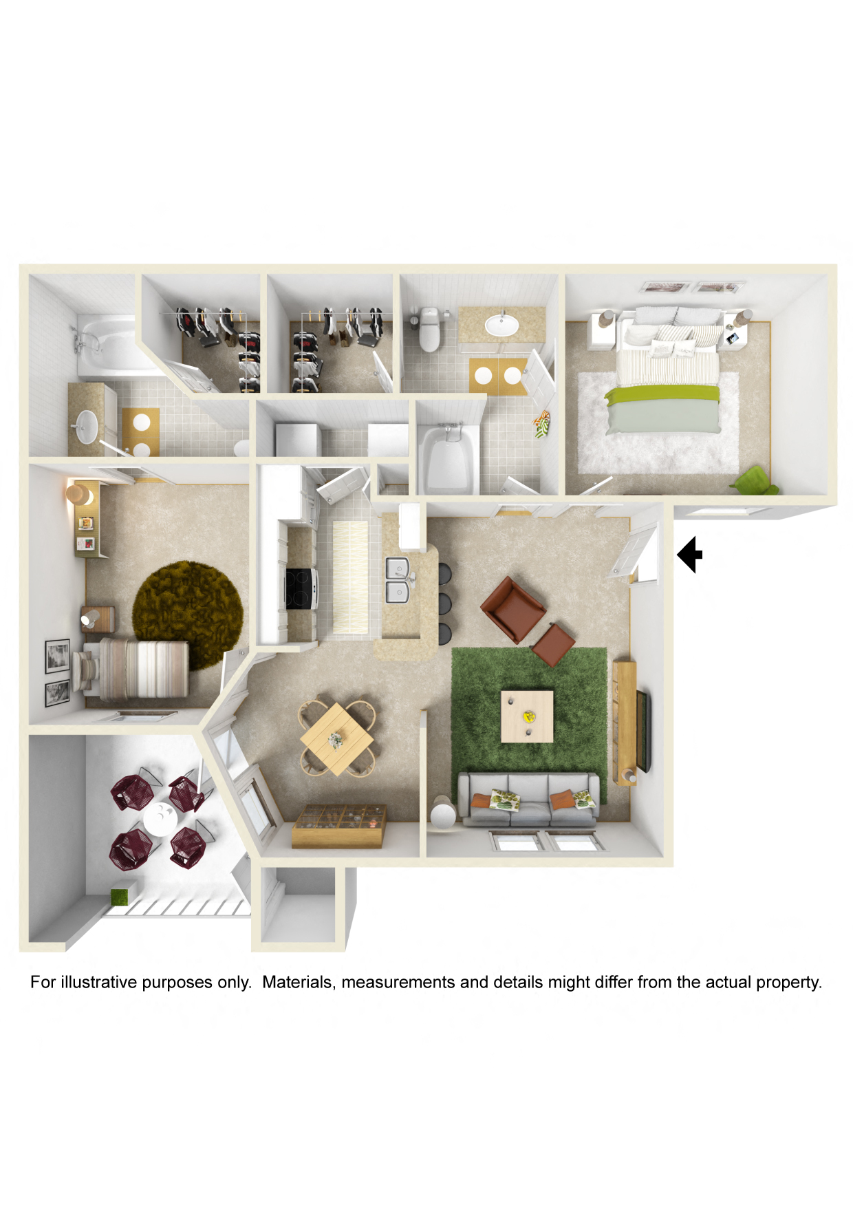 Floor plan for 2 beds, 2 baths, 1002 sqft